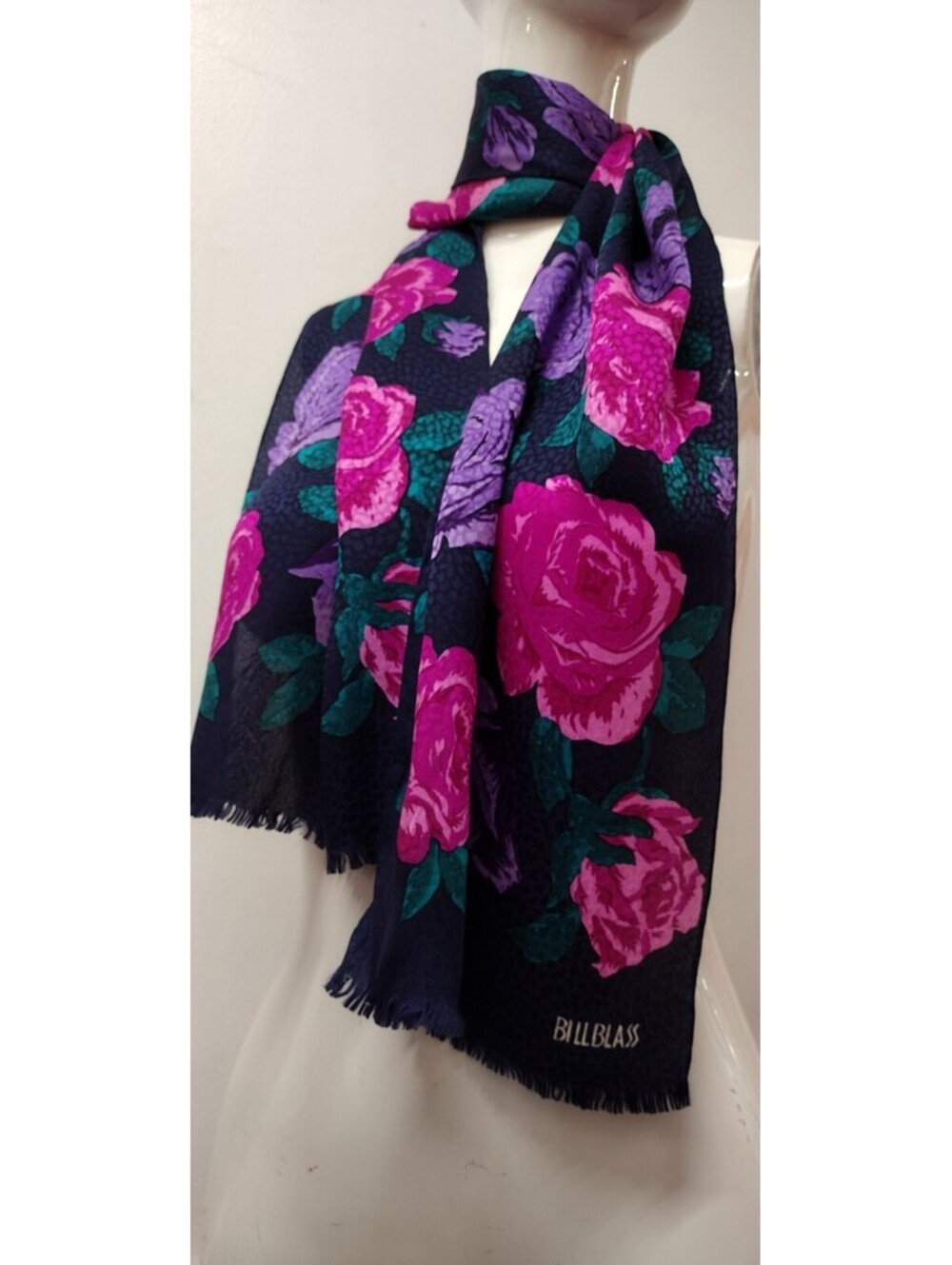 Vintage Bill Blass Long Scarf Roses Print Jacquard Fuchsia Rose Purple Vibrant